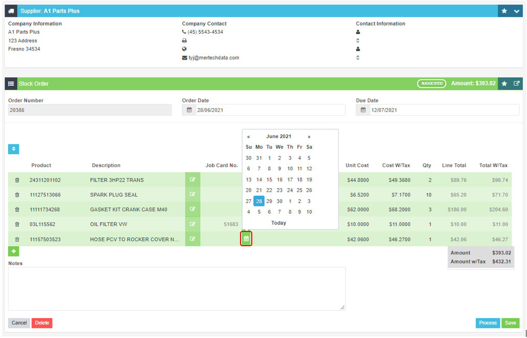 Stock order screen with the calendar picker open on a date field