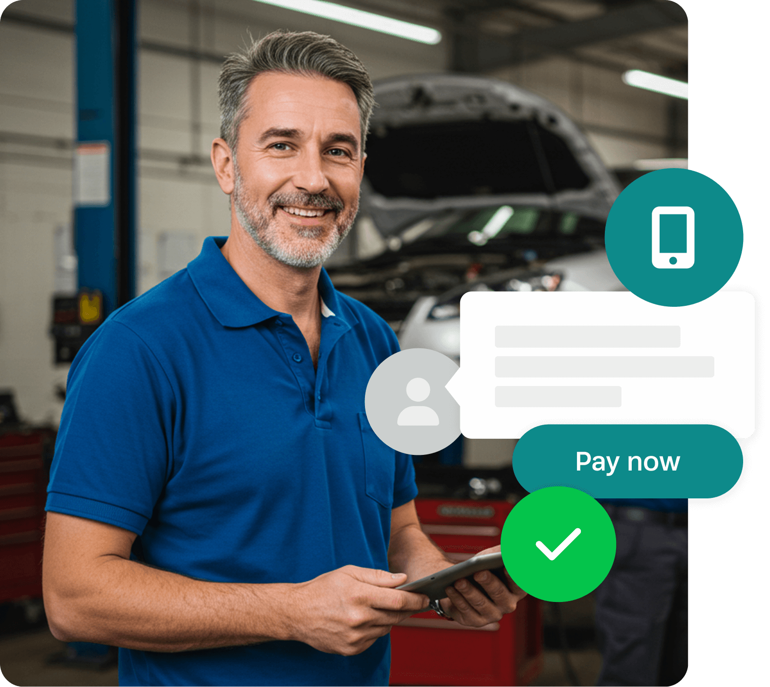 Mechanic using WorkshopPay on a tablet for streamlined workshop payments