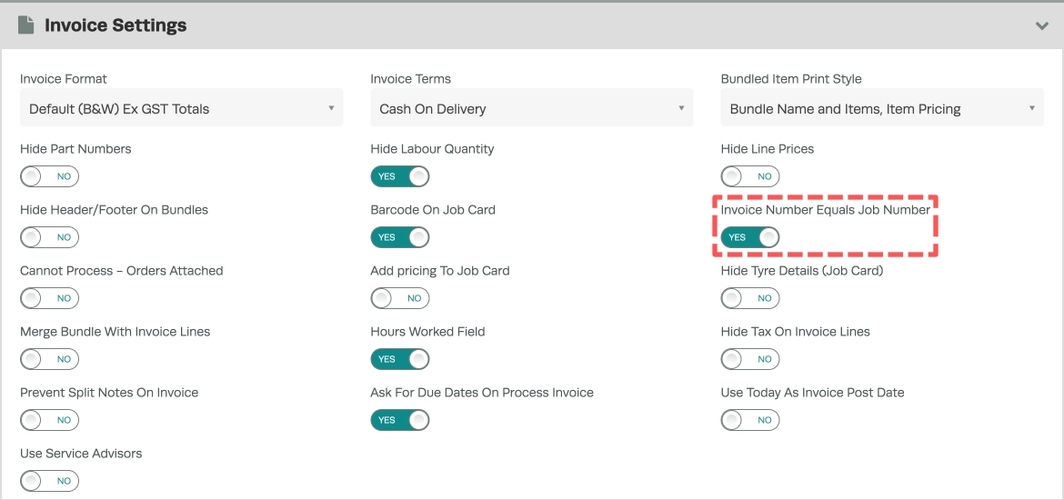 A screenshot of the Invoice Settings card in Company Settings. The Invoice Number Equals Job Number toggle is set to Yes and highlighted.