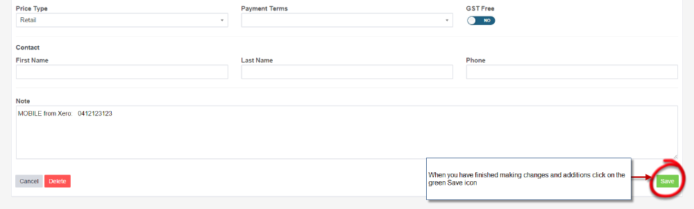 Customer details screen with the green Save icon circled