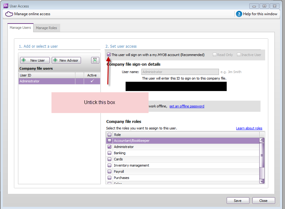 Workshop Software screen showing untick the box next to " this user will sign on with my.myob account "