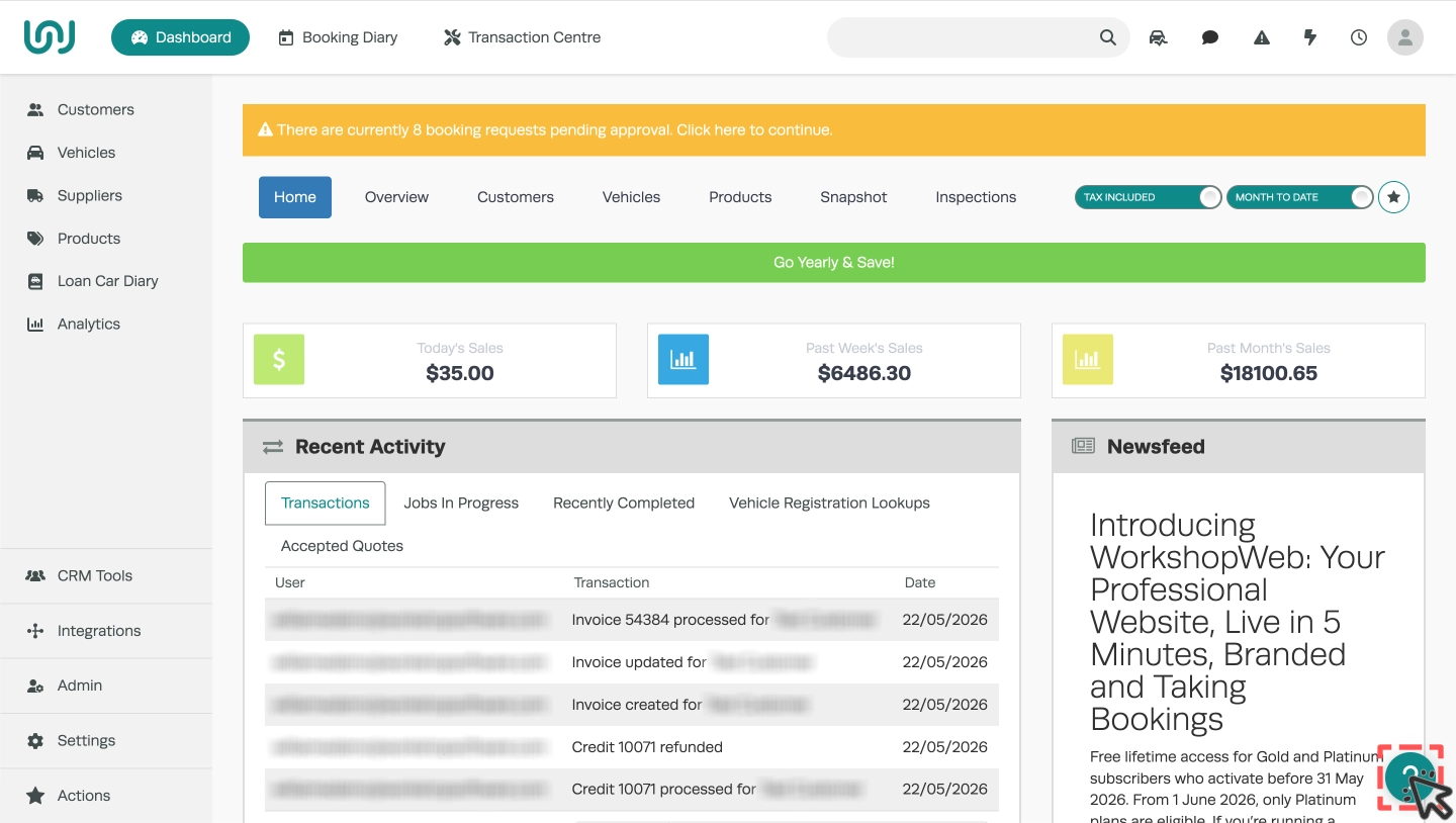 A screenshot of Workshop Software's dashboard. The Questions mark icon in the bottom right corner is highlighted and a cursor indicates a click.