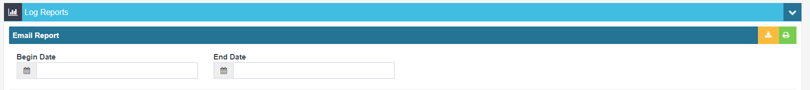 Log Reports section with the Email Report begin and end date fields
