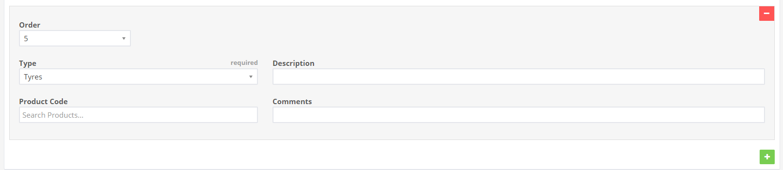 Inspection template item row with the order, type, description, product code and comments fields