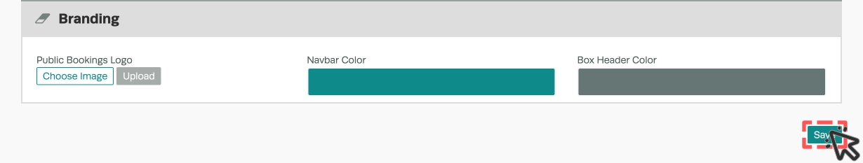 A screenshot of the lower half of the Public Booking page, the Save button is highlighted