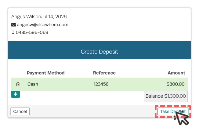 A screenshot of the Create Deposit Pop Up. The Take Order button is highlighted.