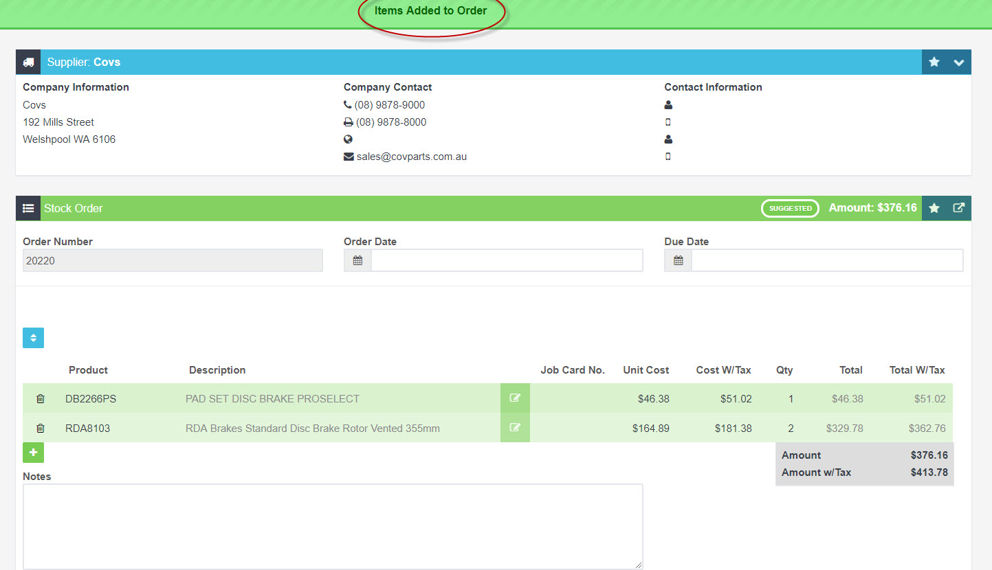 Stock order screen with the green Items Added to Order banner circled above the ordered parts