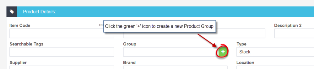 Workshop Software screen showing to create a new product group to add the product to click on the green ' + ' ...