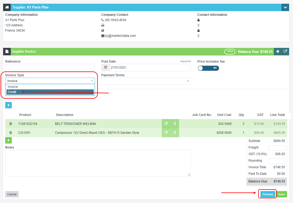Workshop Software screen showing once completed click on the ‘ process ' button at the bottom right of the page