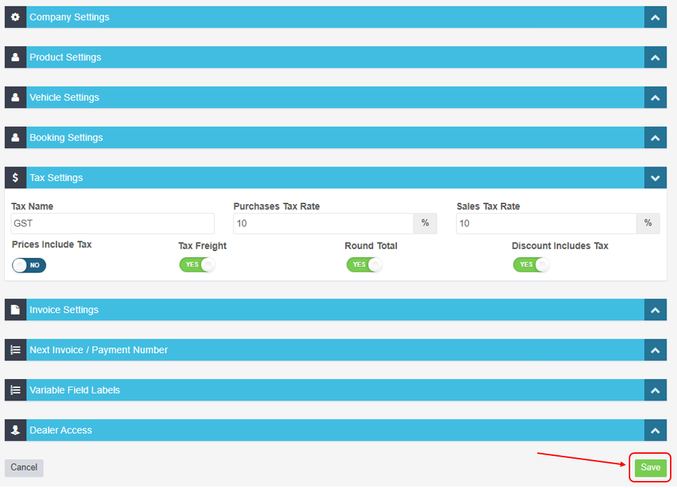 Workshop Software round the totals on invoices showing down to the bottom of the page and click on the green 'save' button...
