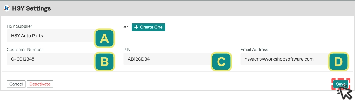 A screenshot of the HSY Settings card. Each field is assigned a letter.