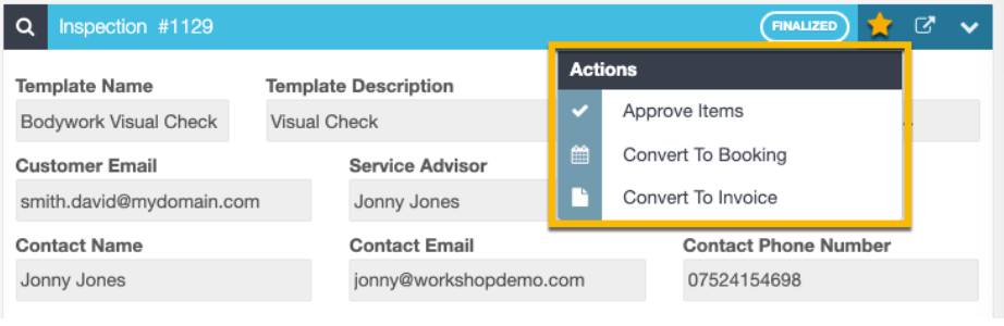 Workshop Software screen showing you can then convert the inspection into a booking or an invoice with all det...