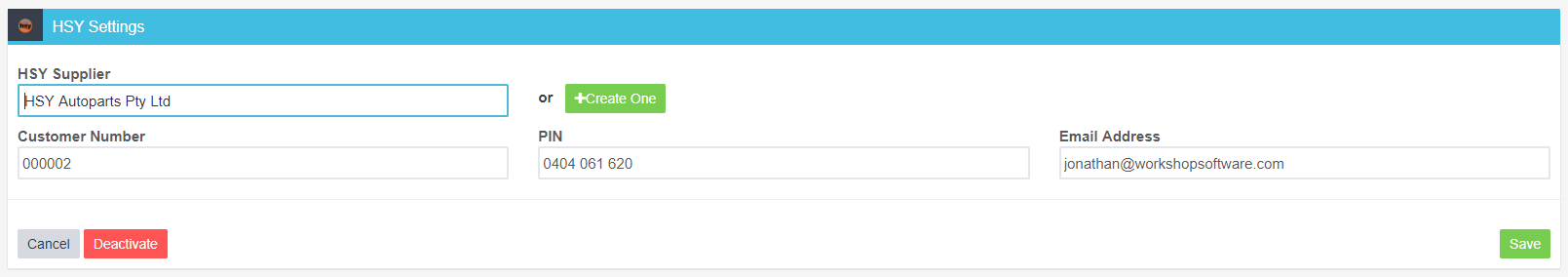 HSY Settings with the supplier, customer number, PIN and email address filled in and the Save button at the right