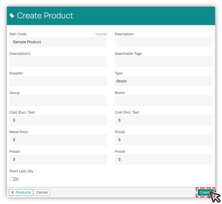 An image showing Workshop Software's Create Product pop up. The Create button is highlighted.
