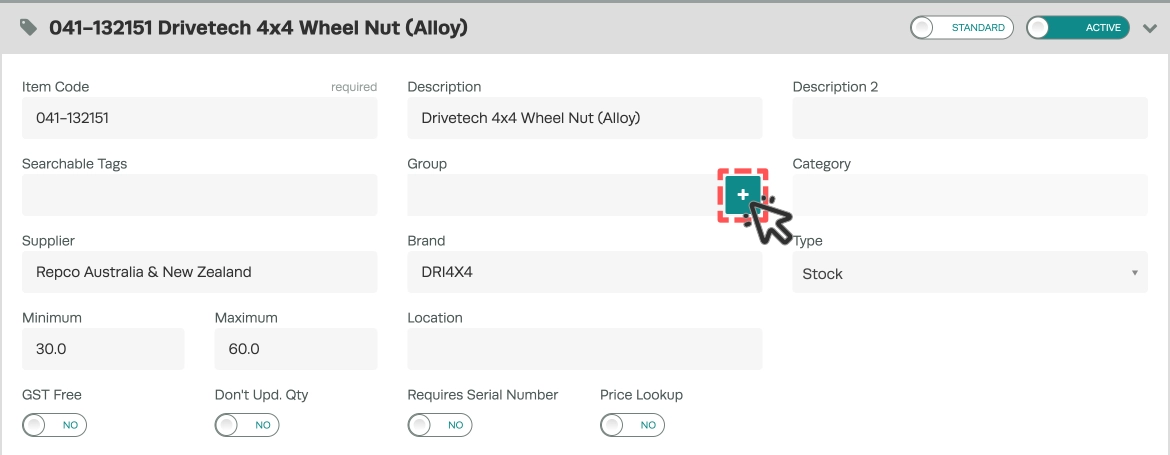 A cropped screenshot of a Product page, the Group field's + icon is highlighted.
