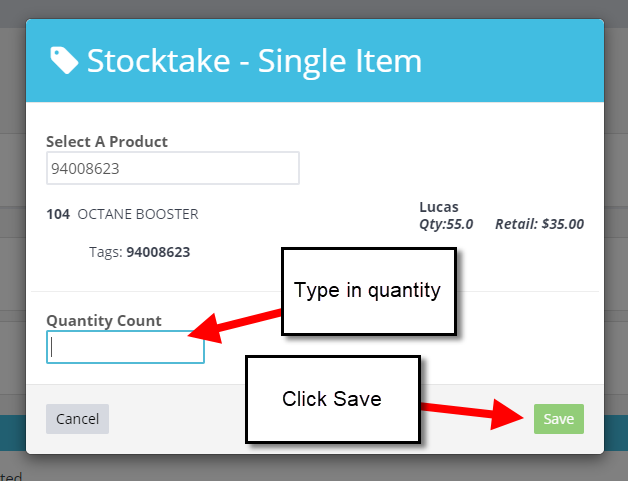 Workshop Software how to use a barcode scanner showing 'quantity count' field and click save