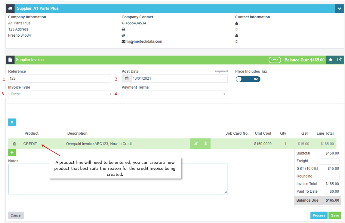 Workshop Software screen showing ensure that your select 'credit' from the 'invoice type' dropdown menu