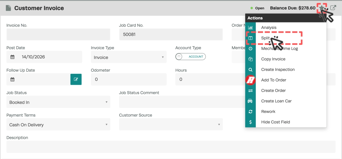 A screenshot of a Customer Invoice, the action menu is open and the Split Invoice option is highlighted.