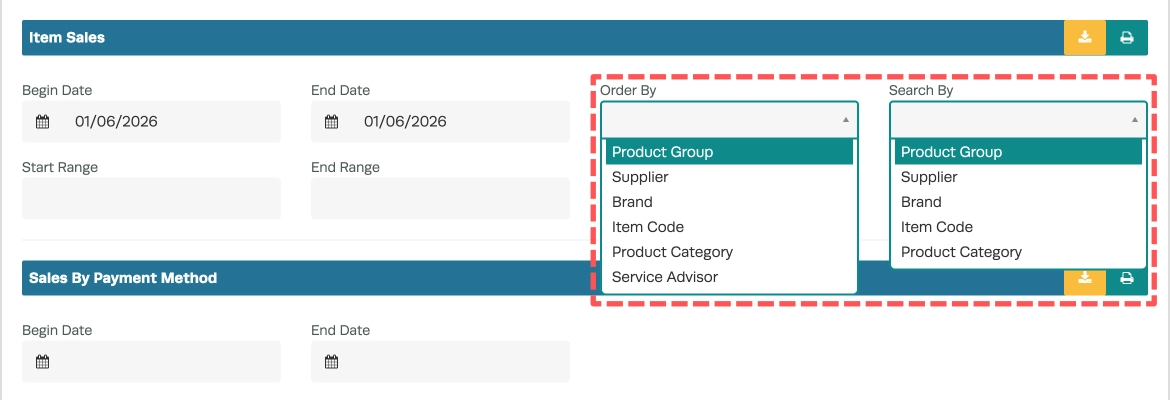 A screenshot of the options available for a Item Sales report, The Order By and Search By drop down menus are highlighted and Product Group is selected.
