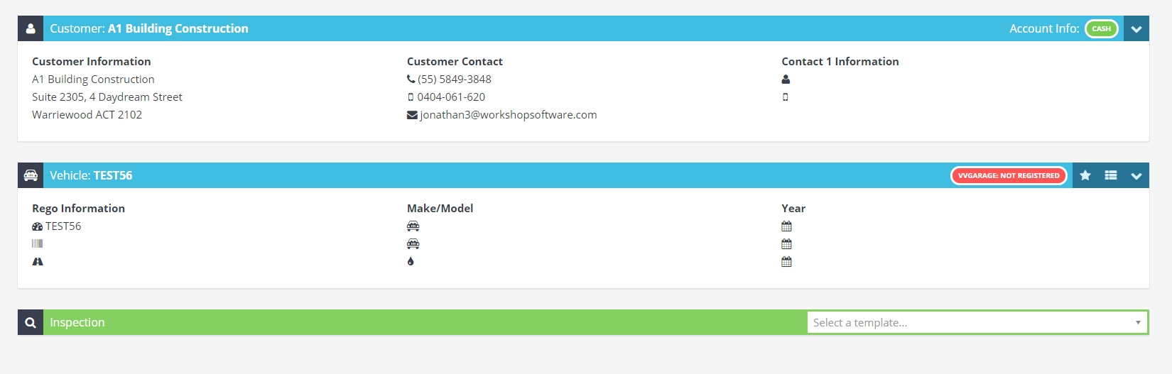 Workshop Software create an inspection showing which customer and vehicle you want to do the inspection for and what type ...