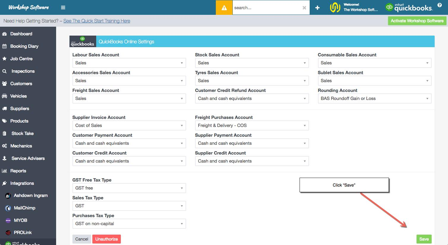 Workshop Software screen showing please speak with your accountant or bookkeeper if you are unsure