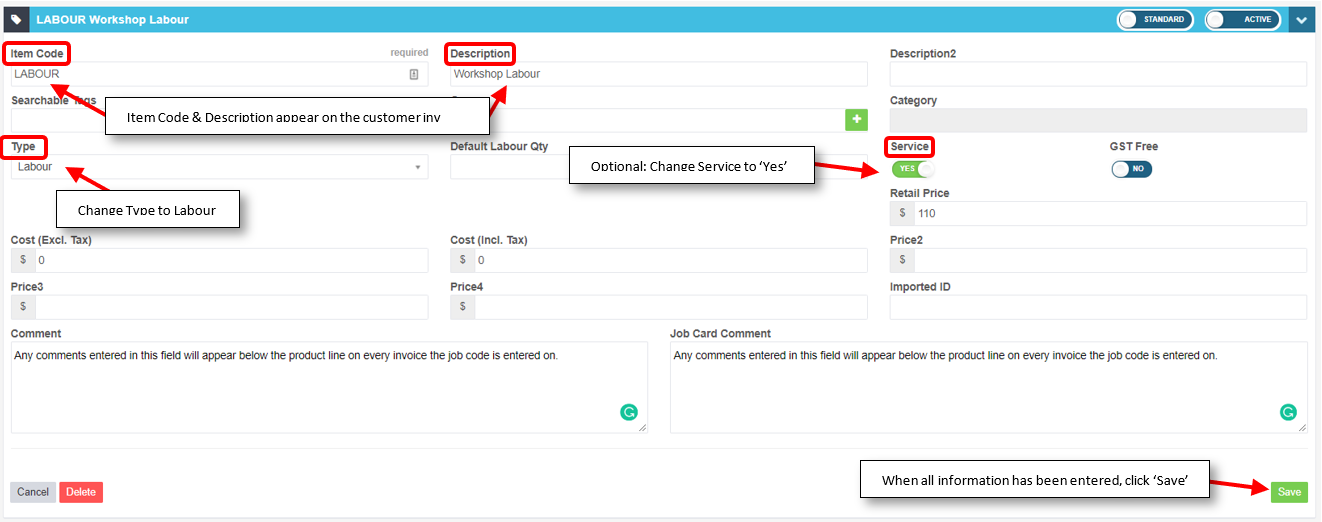 Workshop Software screen showing item code is the only required field in order for to distinguish the product ...