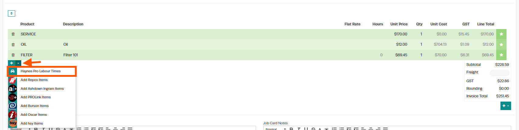 Workshop Software workshopdata labour time lookup showing haynespro labour times from the dropdown