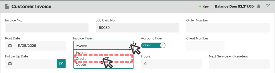 A screenshot of a Customer Invoice, cursors indicate to open the Invoice Type drop down and select Credit.