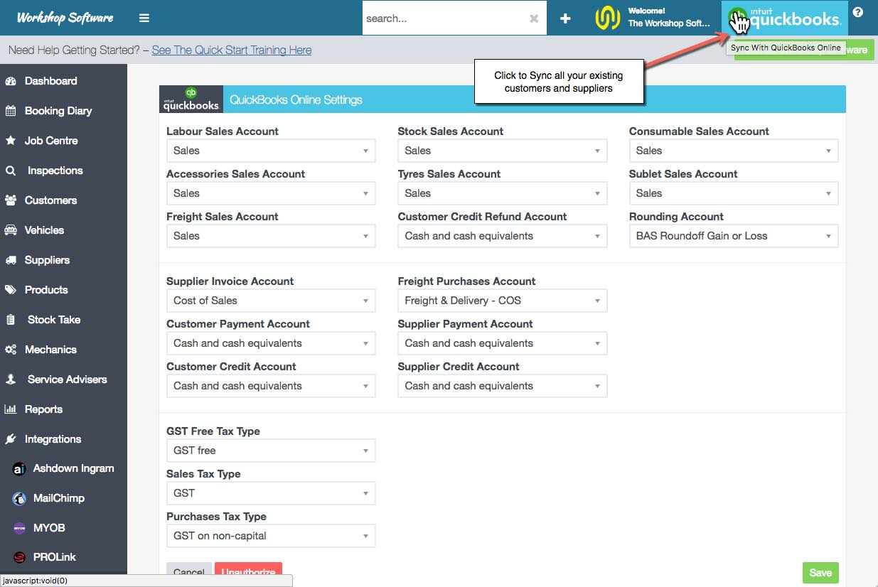 Workshop Software screen showing if you change data in quickbooks, you can press the button to sync any new da...