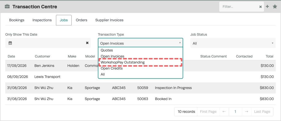 A screenshot of the Transaction Centre's Jobs tab. The Transaction Type drop down menu is open and WorkshopPay Outstanding is highlighted.