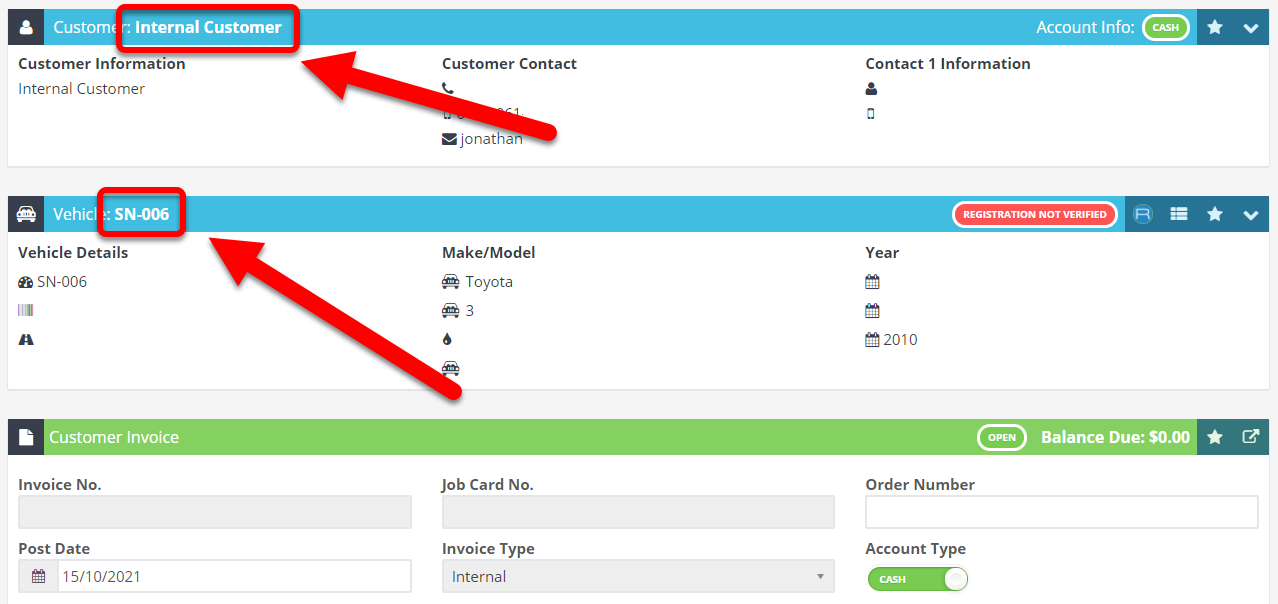 Workshop Software how to do internal work on a unit showing new customer invoice for the 