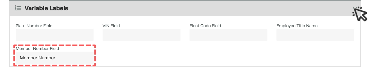 A screenshot of the Variable Labels header  in Customer Settings, a cursor indicates a click to open it with the arrow and the Member Number Field is highlighted. 