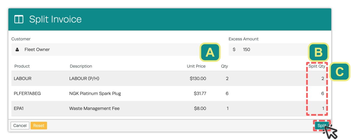 A screenshot of the Split Invoice pop up, the Customer, Excess amount and Split Qty fields are highlighted and lettered, the Split button is highlighted and a cursor indicates a click