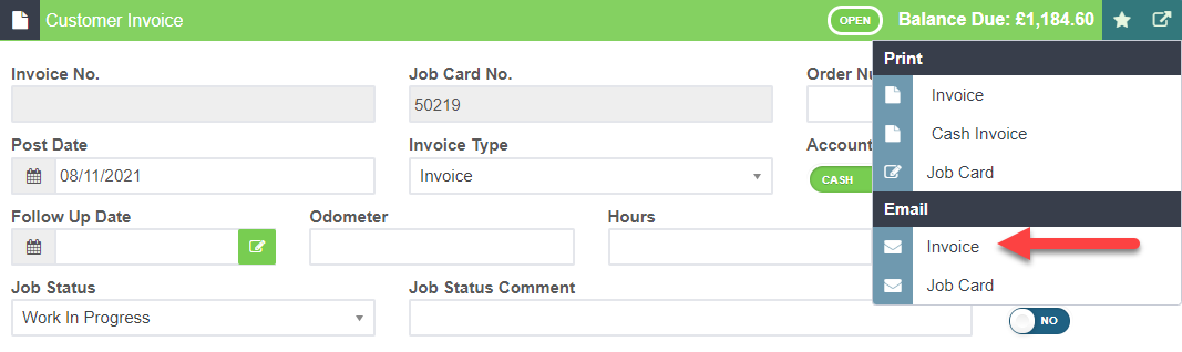 Screenshot of Customer invoice with Email invoice selected