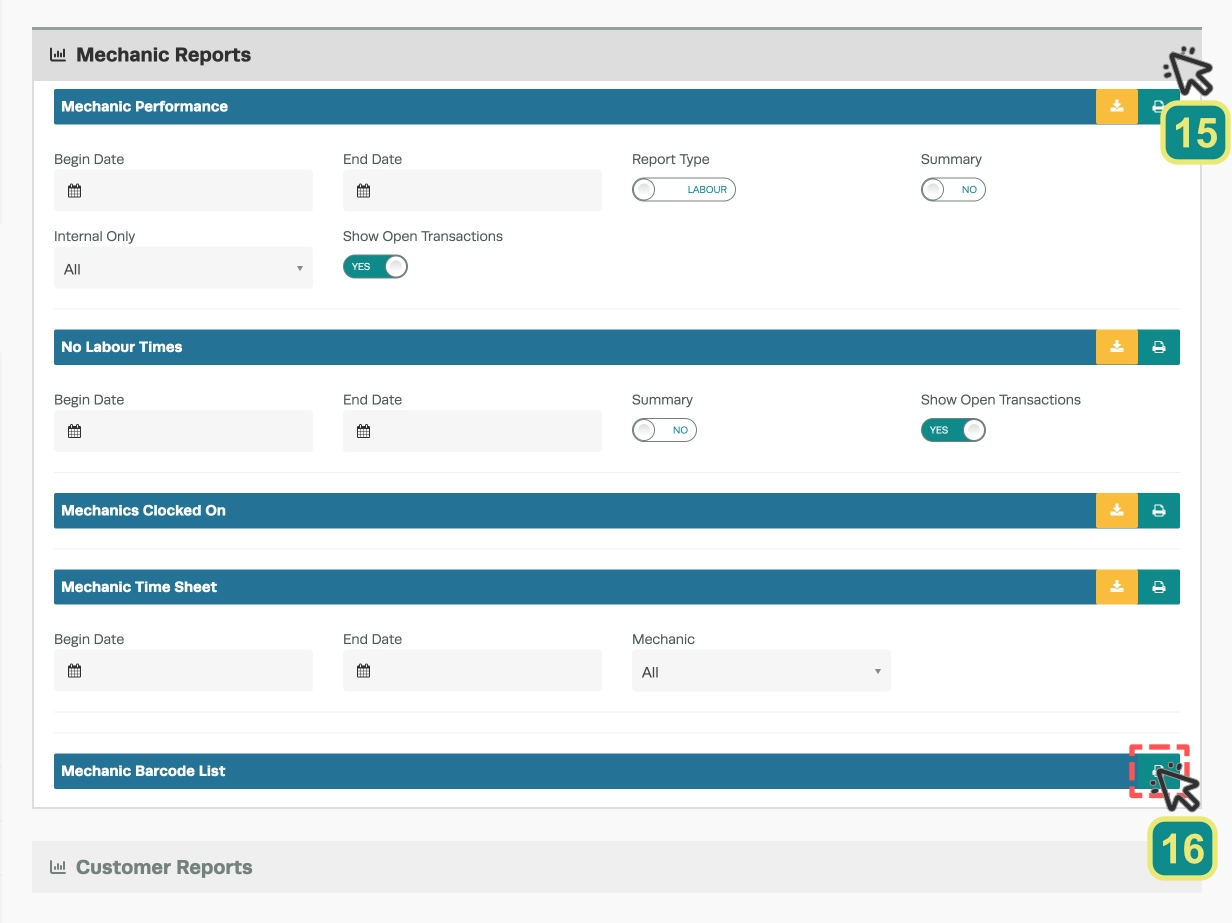 A cropped screenshot of Workshop Software's Business Reports Page. Numbered boxes highlight clicking the right hand side arrow on the Mechanic Reports banner to open this section and to click the printer icon the right hand side of the Mechanic Barcode List report.