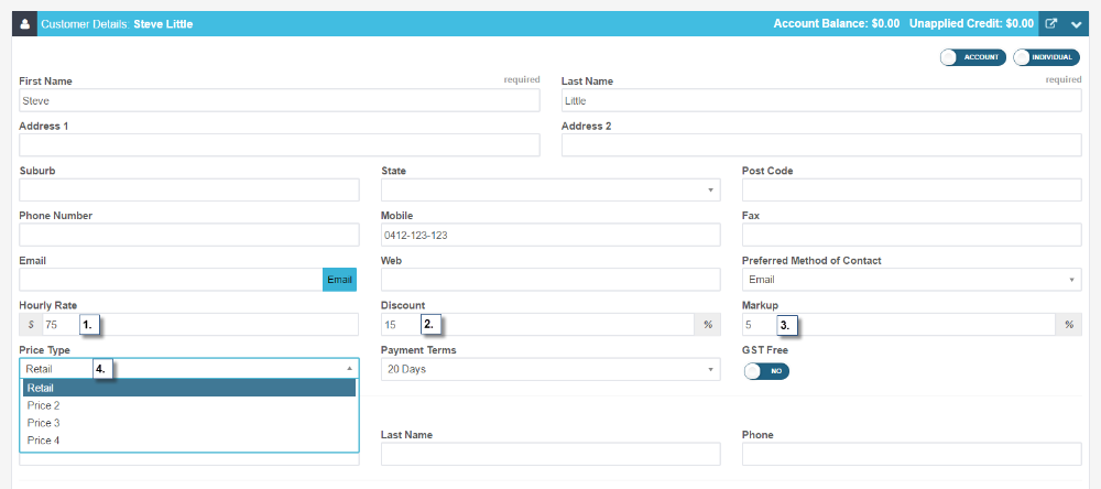 Customer Details with the hourly rate, discount and markup fields marked and the Price Type dropdown open