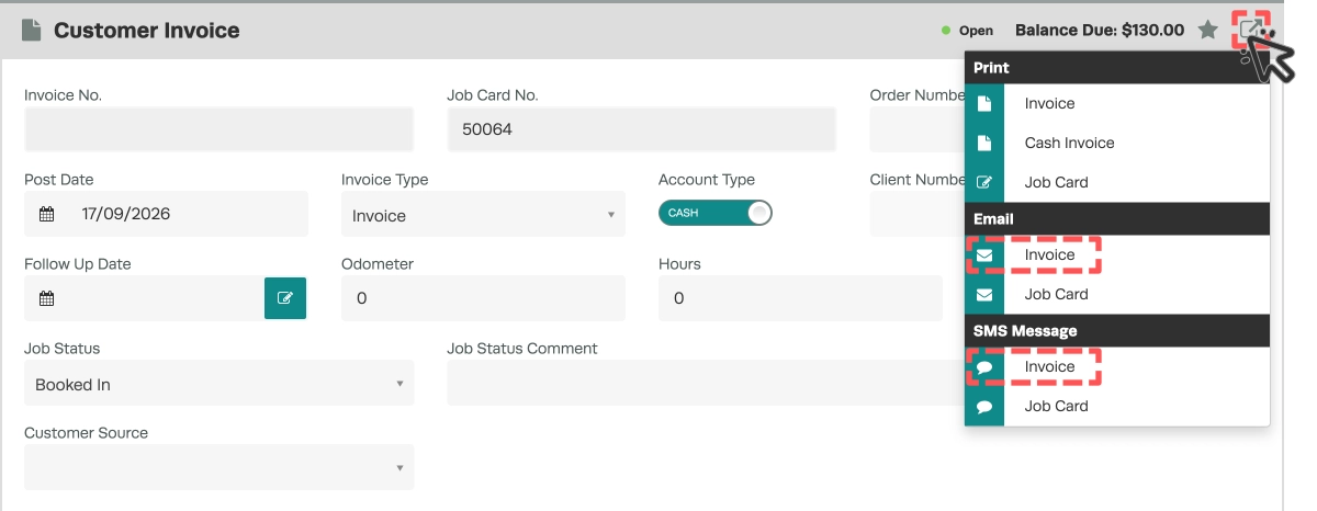 A cropped screenshot of the Customer Invoice card in an Invoice. The star menu is open and Email Invoice and SMS Invoice options are highlighted