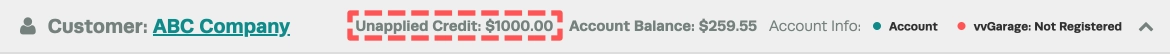 A Screenshot of the Customer Banner inside an Invoice, the Unapplied Credit sections of $1000.00 is highlighted with a red box.