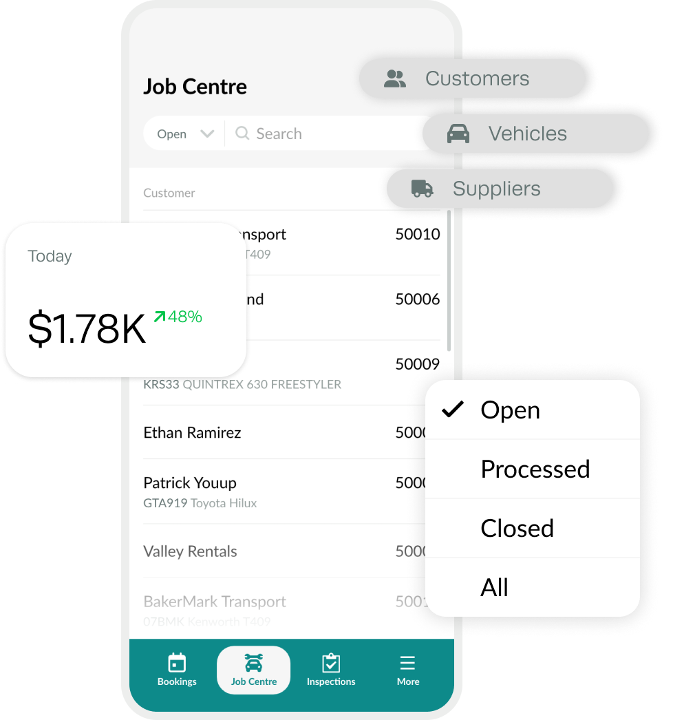 Workshop Software Job Centre interface showing list of active vehicle repair jobs