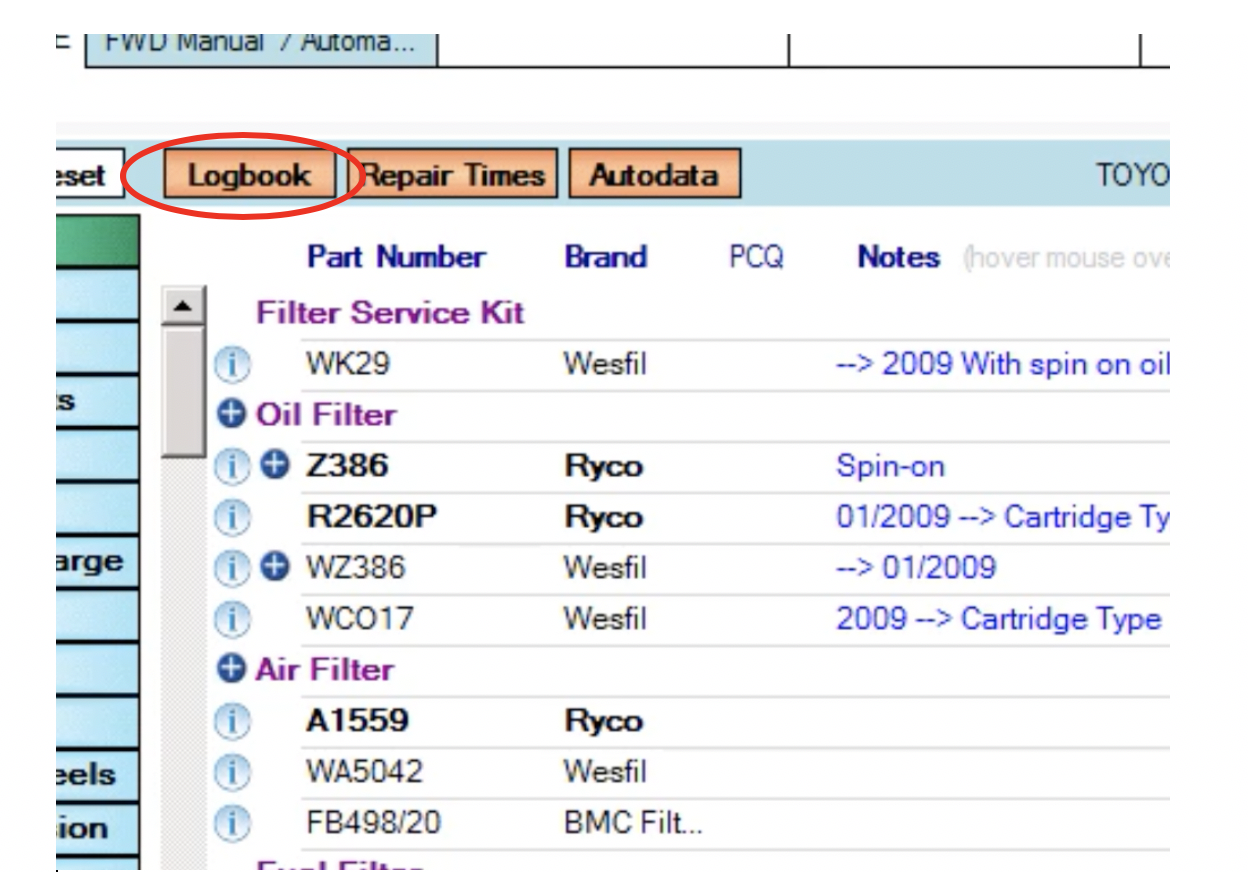 Workshop Software bring over logbook services from burson to workshop software showing ' logbook '