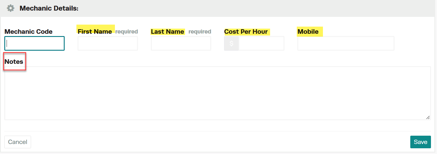 Workshop Software screen showing first name (required) last name (required) cost per hour mobile phone number ...