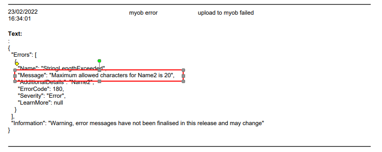 Workshop Software screen showing the reason for this error is that myob has a 20 character limit in the name f...