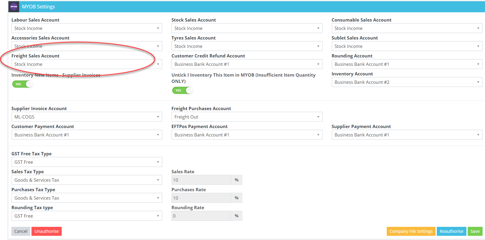Accounting integration settings with the freight sales account field circled