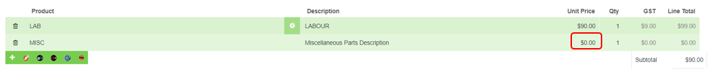 Invoice showing a miscellaneous parts line with the unit price field highlighted