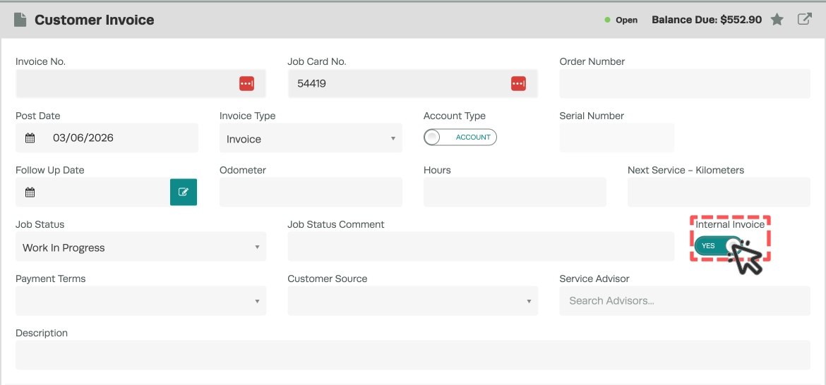 A screenshot of a Customer Invoice indicating the Internal Invoice Toggle