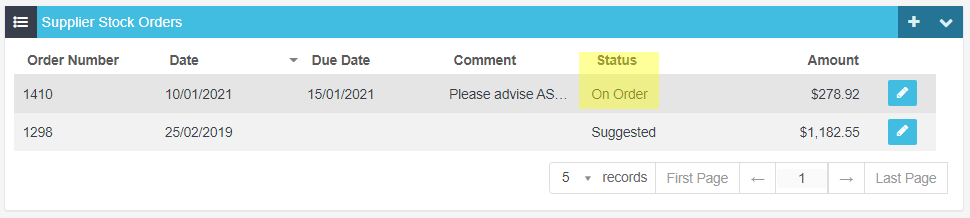 Workshop Software screen showing please note that a stock order cannot be deleted or removed once processed, u...