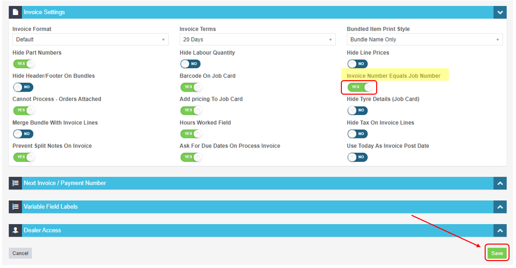 Workshop Software match job card and invoice numbers showing 'no' under invoice number equals job number so that it change...