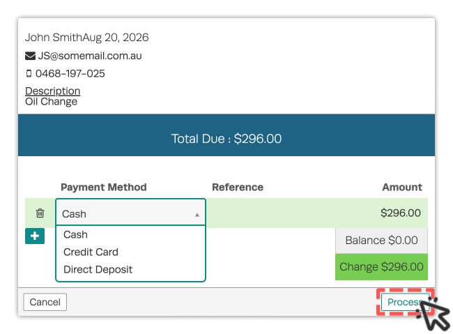 A screenshot of the Payment pop up when refunding a credit. The Payment Method drop down is open and the Process button is highlighted.