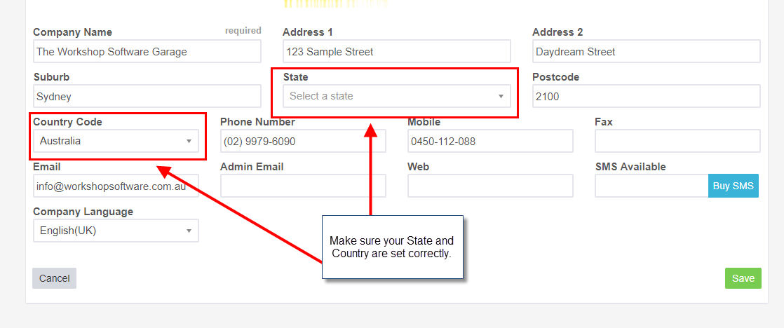 Company Settings with the Country Code and State fields highlighted and a note to check they are set correctly