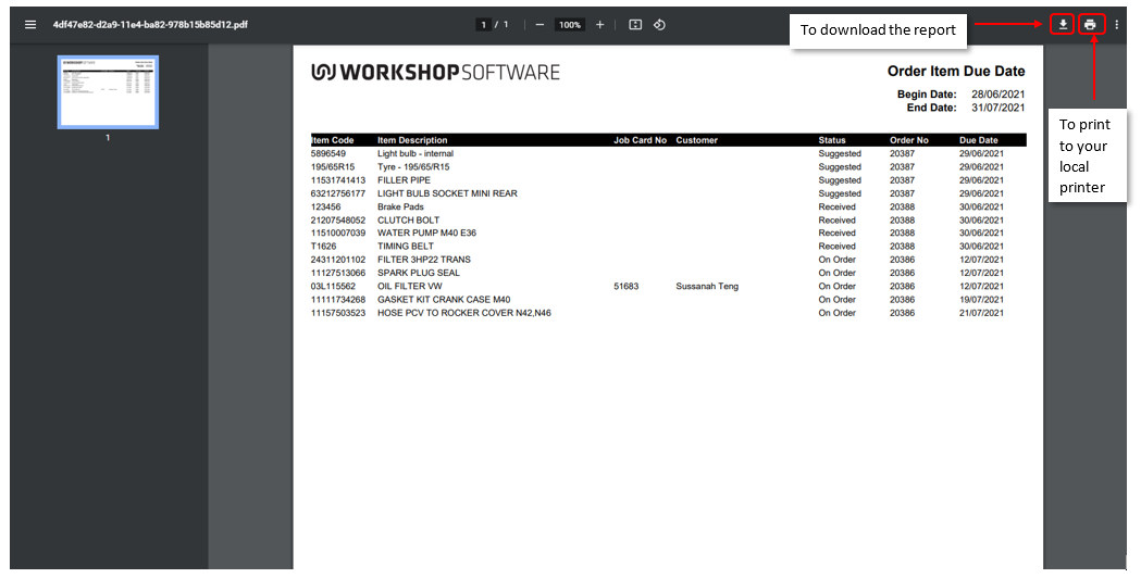 Workshop Software screen showing the report will appear on a new web browser tab, from here you can download t...